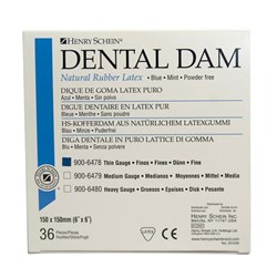 Henry Schein Rubber Dam - Latex - Heavy - Blue - Mint Flavour- 15cm x 15cm, 36-Pack