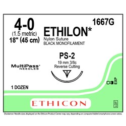 Johnson & Johnson Suture Ethilon, 19mm, 4/0, PS2, 3/8 Circle Reverse Cut, 45cm, 12-Pack