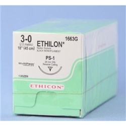 Johnson & Johnson Suture Ethicon Nylon, 3/0, 24mm, FS1, 3/8 Circle Reverse Cut, 12-Pack