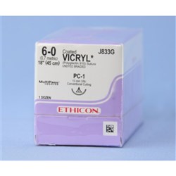 Johnson & Johnson Suture Ethicon Vicryl, 13mm, 6/0, PC1, 3/8 Circle Conventional Cut, 12-Pack