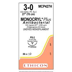 Johnson & Johnson Suture Monocryl Plus, 19mm, 3/0, PS2, 3/8 Circle Reverse Cut, Undyed, 36-Pack