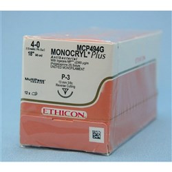 Johnson & Johnson Suture Monocryl Plus, 13mm, 4/0, P3, 3/8 Circle Reverse Cut, Undyed, 12-Pack