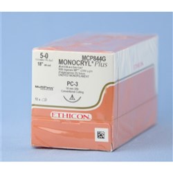 Johnson & Johnson Suture Monocryl Plus, 16mm,  5/0, PC3, 3/8 Circle Conventional Cut, Undyed, 12-Pack