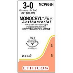Johnson & Johnson Monocryl Plus Suture, Antibacterial poliglecaprone 25, Undyed, 3/0, 24mm, 3/8 Reverse Cutting, 36-Pack