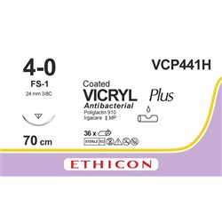 Johnson & Johnson Sutures PLUS Vicryl, Undyed, 24mm, 4/0, FS1 3/8 Circle Reverse Cutting, 36-Pack