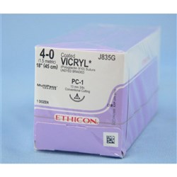 Johnson & Johnson Suture Vicryl Plus, 13mm, 4/0, PC1, 3/8 Circle Conventional Cut, Undyed, 12-Pack
