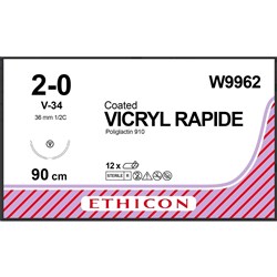 Johnson & Johnson Suture Ethicon Vicryl Rapid, 36mm, 2/0, V34, 1/2 Circle Taper Cut, 12-Pack