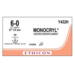 Johnson & Johnson Suture Monocryl, 6/0, 1/2 Circle Taper, 70cm, Undyed, 36-Pack each