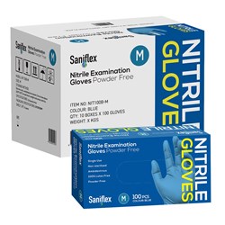 Saniflex Blue Nitrile Gloves - Powder Free - Medium, 100-Pack - Carton of 10 Boxes